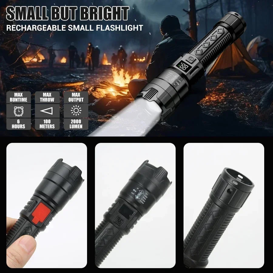 10000LM High Power LED Flashlight Long-range USB C Rechargeable Flashlight Power Display Zoom Lantern For Outdoor Camping Torch