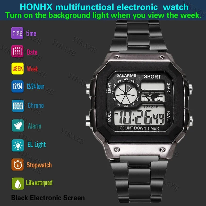YIKAZE Luxury Men's Business Watch Stainless Steel Strap Men Digital Watch Luminous Multifunction Sports Electronic Wristwatch