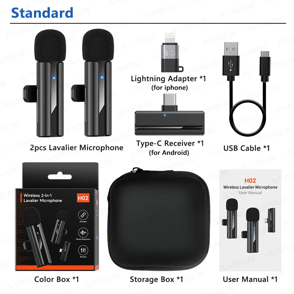 2-in-1 Wireless Lavalier Microphone for iPhone Android, Mini Pro Lapel Mic with Noise Reduction & Pickup for Vlog Live Recording