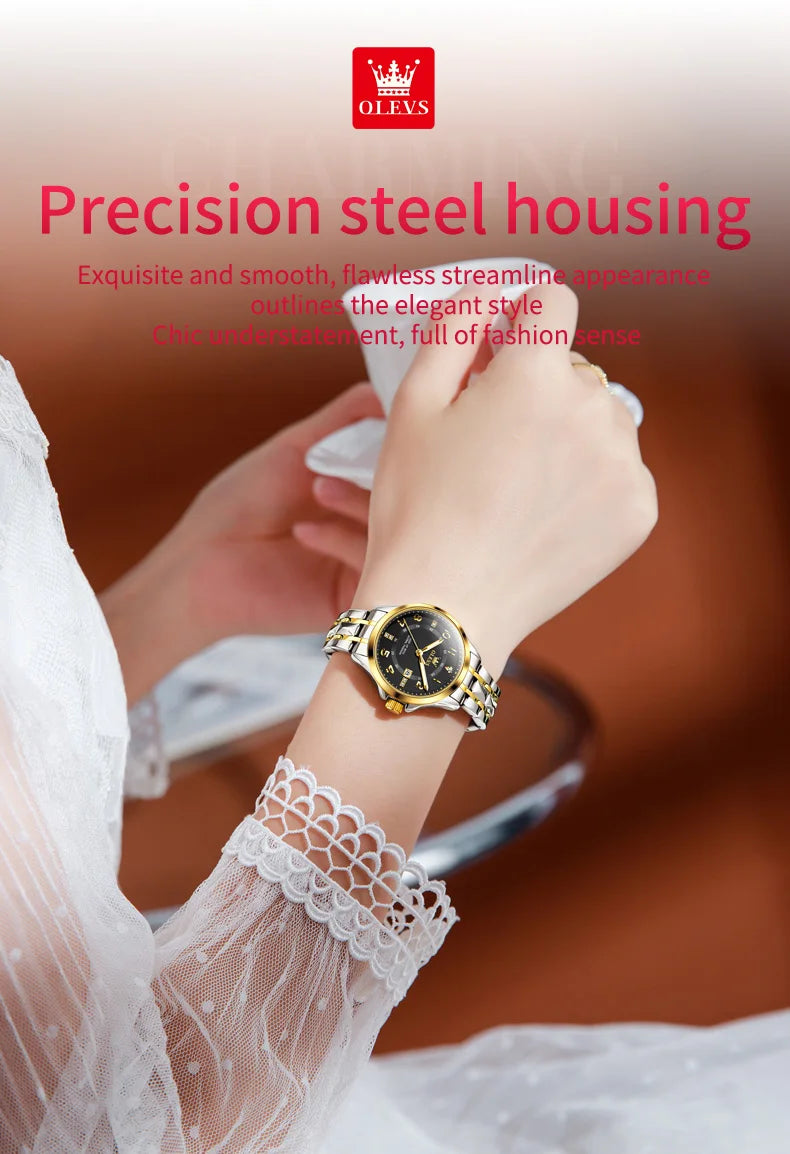 OLEVS 2910 Original Quartz Watches for Women Rhombus Steel Strap Waterproof Luminous Calendar Elegant Luxury Ladies Wristwatches