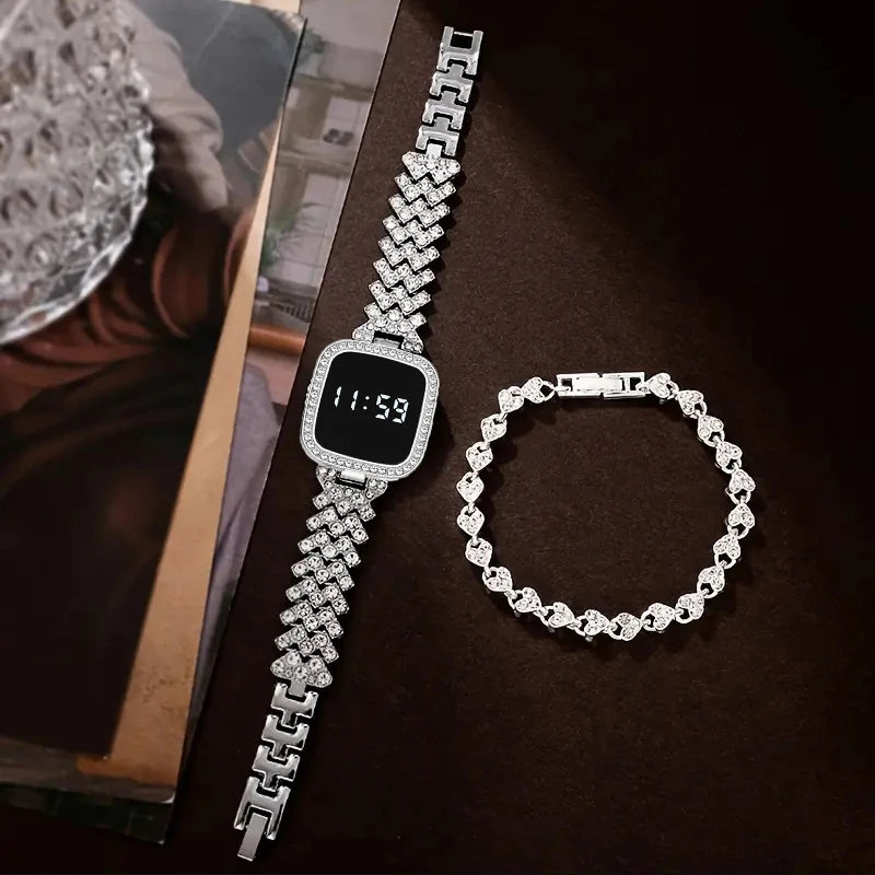 Women Digital Watch Set FREE Bracelet Square LED Ladies Watch Alloy Student Girl Touch Fashion Electronic Women's Watch