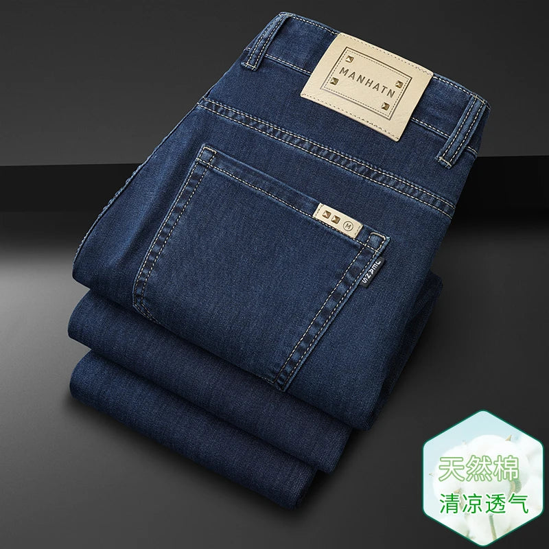 Men's Thin Jeans Spring Summer Fashion Breathable Cotton Blend Solid Color Business Casual Pants Simple Versatile Work Commute