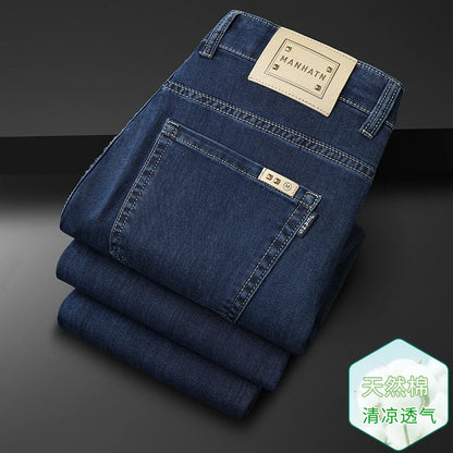 Men's Thin Jeans Spring Summer Fashion Breathable Cotton Blend Solid Color Business Casual Pants Simple Versatile Work Commute