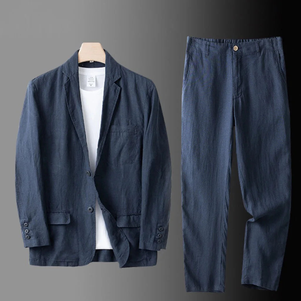 High Quality Men Blazer Jacket and Pants Man Linen Blazer  2 Piece Suit Spring Summer Thin Style Fashion Casual Set Long Sleeve