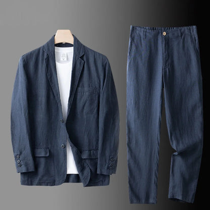 High Quality Men Blazer Jacket and Pants Man Linen Blazer  2 Piece Suit Spring Summer Thin Style Fashion Casual Set Long Sleeve