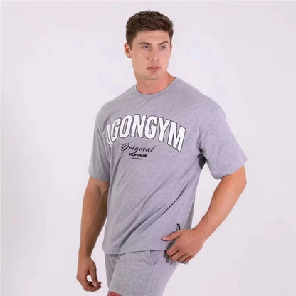 Men's White Oversized Gym T-Shirt, Agongym Bold Letter Graphic Print, Casual Workout Streetwear Tee for Lifting