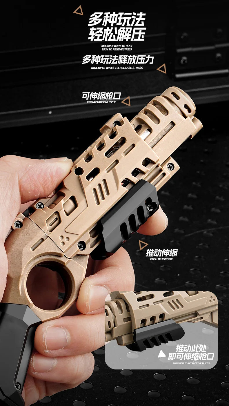 EDC Shootable Toy Pistol with 1-Button Shell Ejection and Card Pushing Function, Black Technology Mini Handgun for Stress Relief