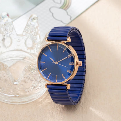 Luxury Treasure Blue Crystal Ladies Quartz Watch - Casual Stainless Steel Stretch Strap Fashion Women's Dress Clock