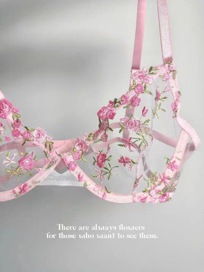 European Women Alluring Sheer Lace Embroidery Underwire Bra, Big Bust Support Minimize Anti‑Sagging Soft Lingerie S‑XL  Bra Set
