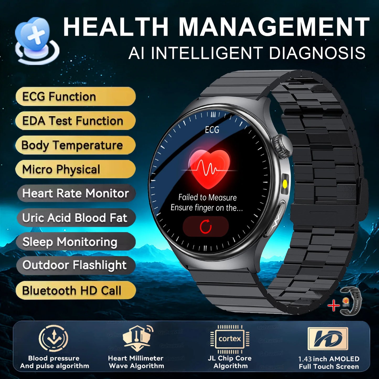 2026New Nursing Grade Health Smartwatches For Men Women Precision Detection Heart Rate Blood Fats Uric Acid ECG+PPG Smart Watch