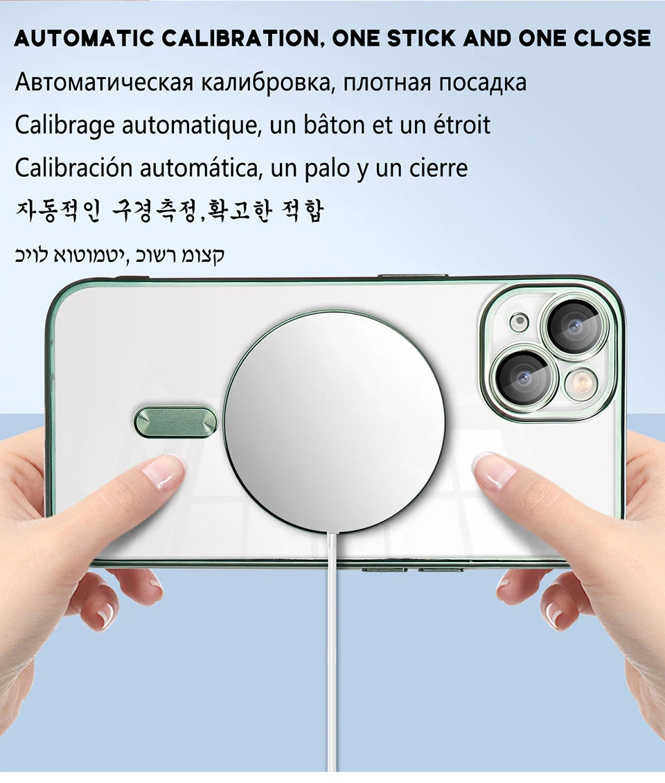 For Magsafe Fashion Plating Lens Protector Case For iPhone 11 12 13 14 15 Pro Max Plus Silicone Wireless Magnetic Charging Cover