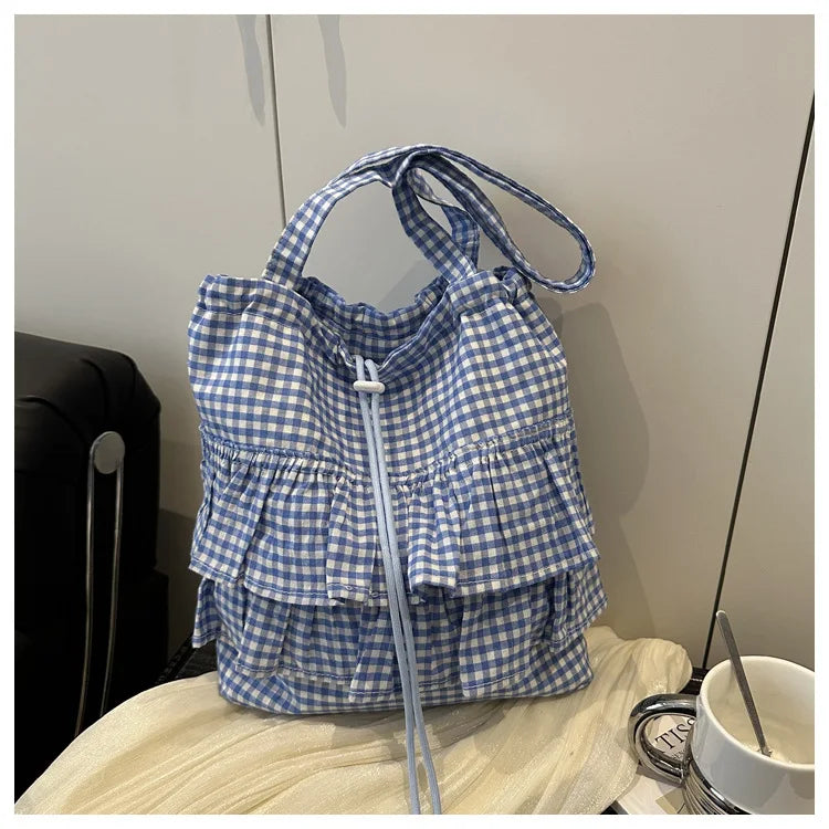 Cute Plaid Cotton Tote Bag Large Capaci Lace Trim Women's Summer 2026 Simple Lady Handbag Soft Shoulder Bags Bolsa Feminina