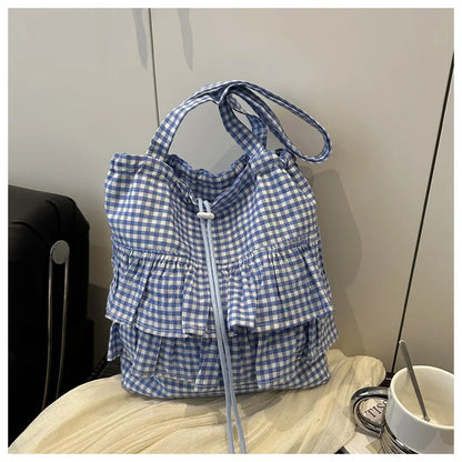 Cute Plaid Cotton Tote Bag Large Capaci Lace Trim Women's Summer 2026 Simple Lady Handbag Soft Shoulder Bags Bolsa Feminina