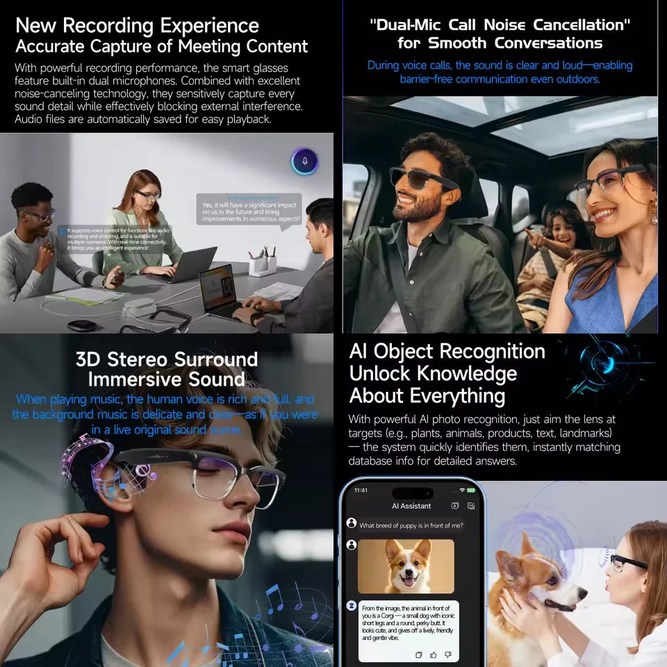 2026 Newest 8MP AI Smart Glasses 1080P HD Camera Video Recording 32GB 120+ Languages Translation Bluetooth Call Music Sunglasses