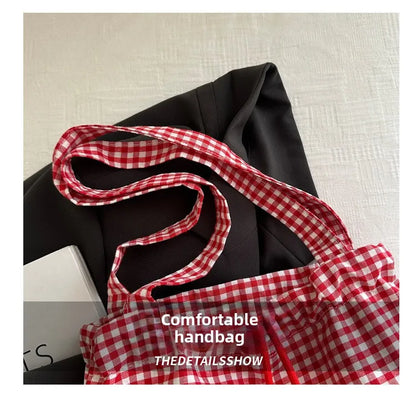 Cute Plaid Cotton Tote Bag Large Capaci Lace Trim Women's Summer 2026 Simple Lady Handbag Soft Shoulder Bags Bolsa Feminina