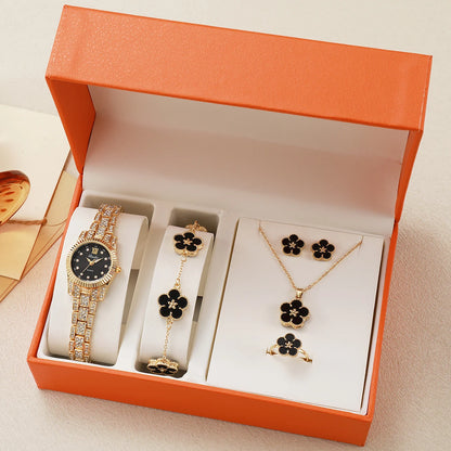 Luxury Gold Crystal Watch Black Clover Jewelry Set | Round Dial | 5-Piece Floral Gift Set for Women