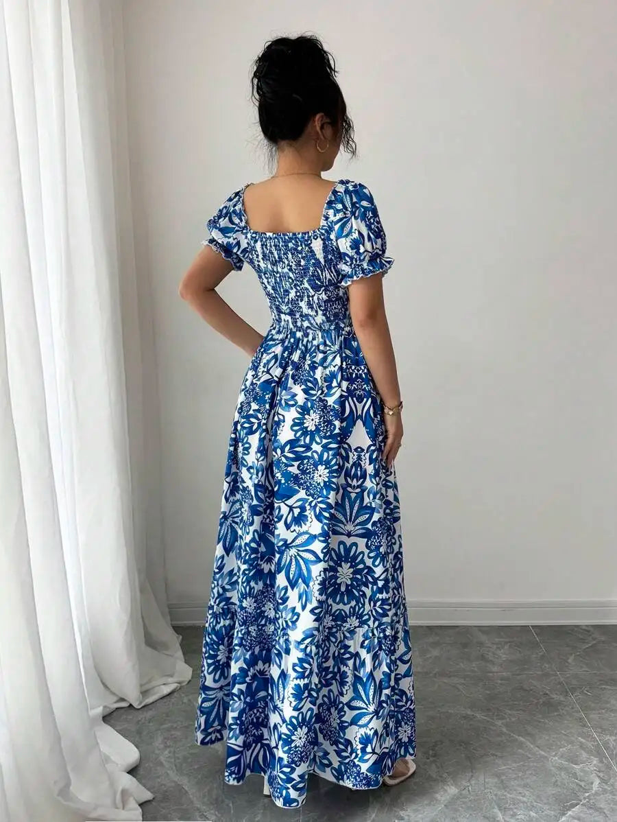 Elegant Women's Floral Print Bubble Sleeve Dress, Blue Long Dress, Front Tie Back Gathered Waist, Casual Vacation