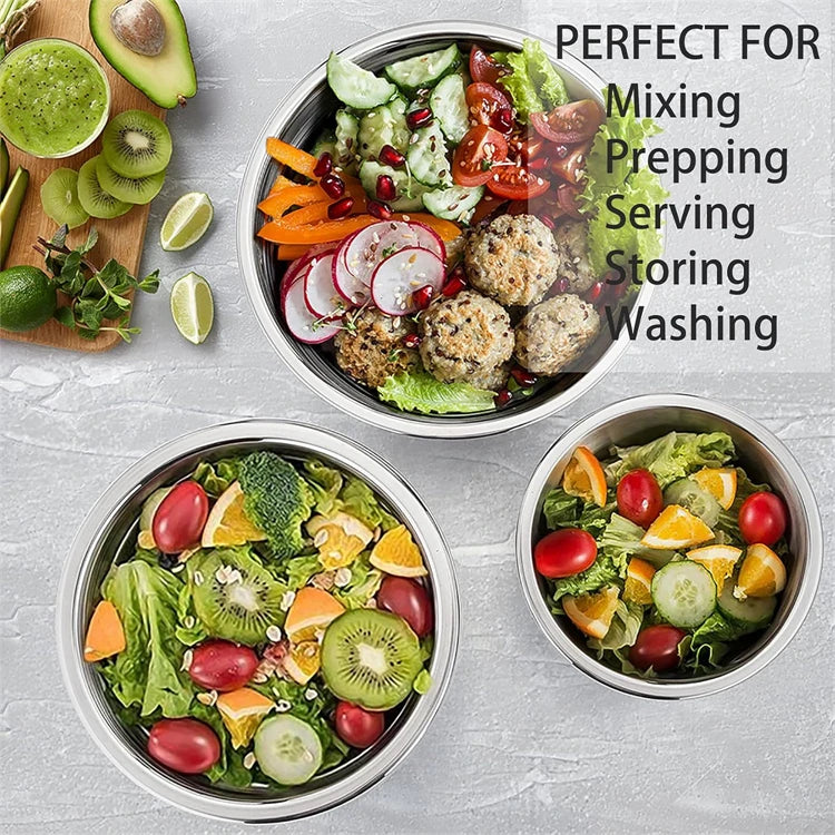 LMETJMA 6 Pcs Stainless Steel Mixing Bowls with Black Lids Kitchen Nesting Salad Mixing Bowl With Non-slip Silicone Bottom JT327
