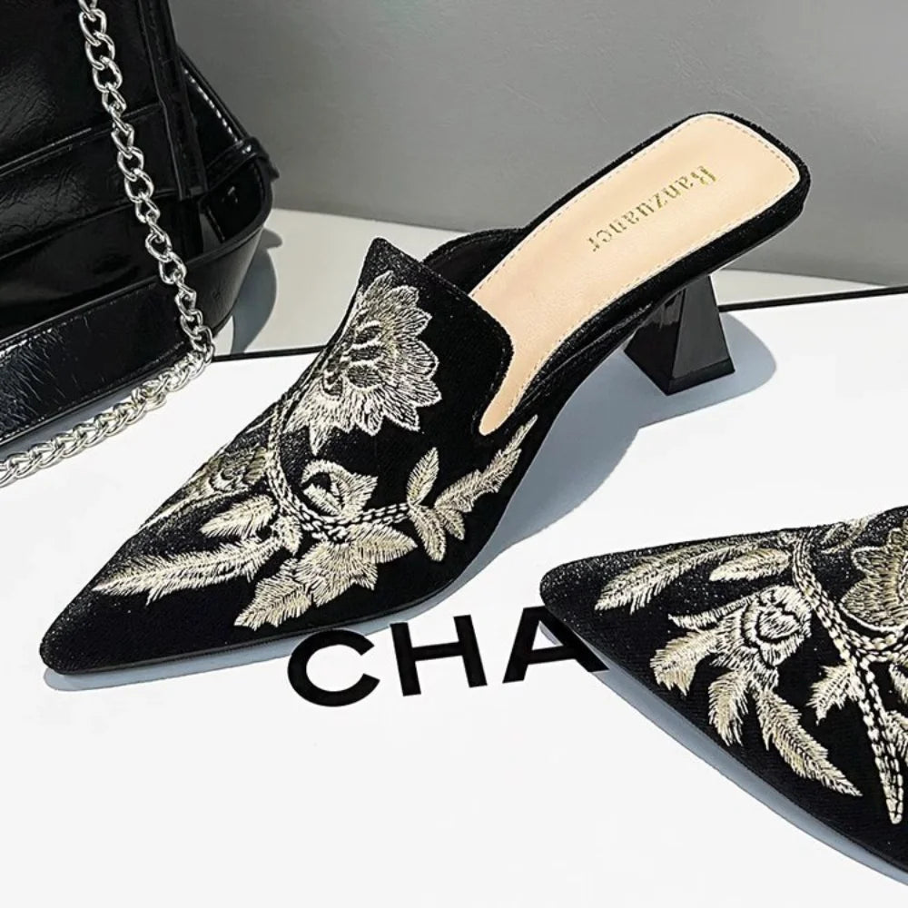 Elegant Embroidered Velvet Mule Heels Pointed Toe Cone Heel Slip-on Footwear for Occasions