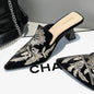 Elegant Embroidered Velvet Mule Heels Pointed Toe Cone Heel Slip-on Footwear for Occasions