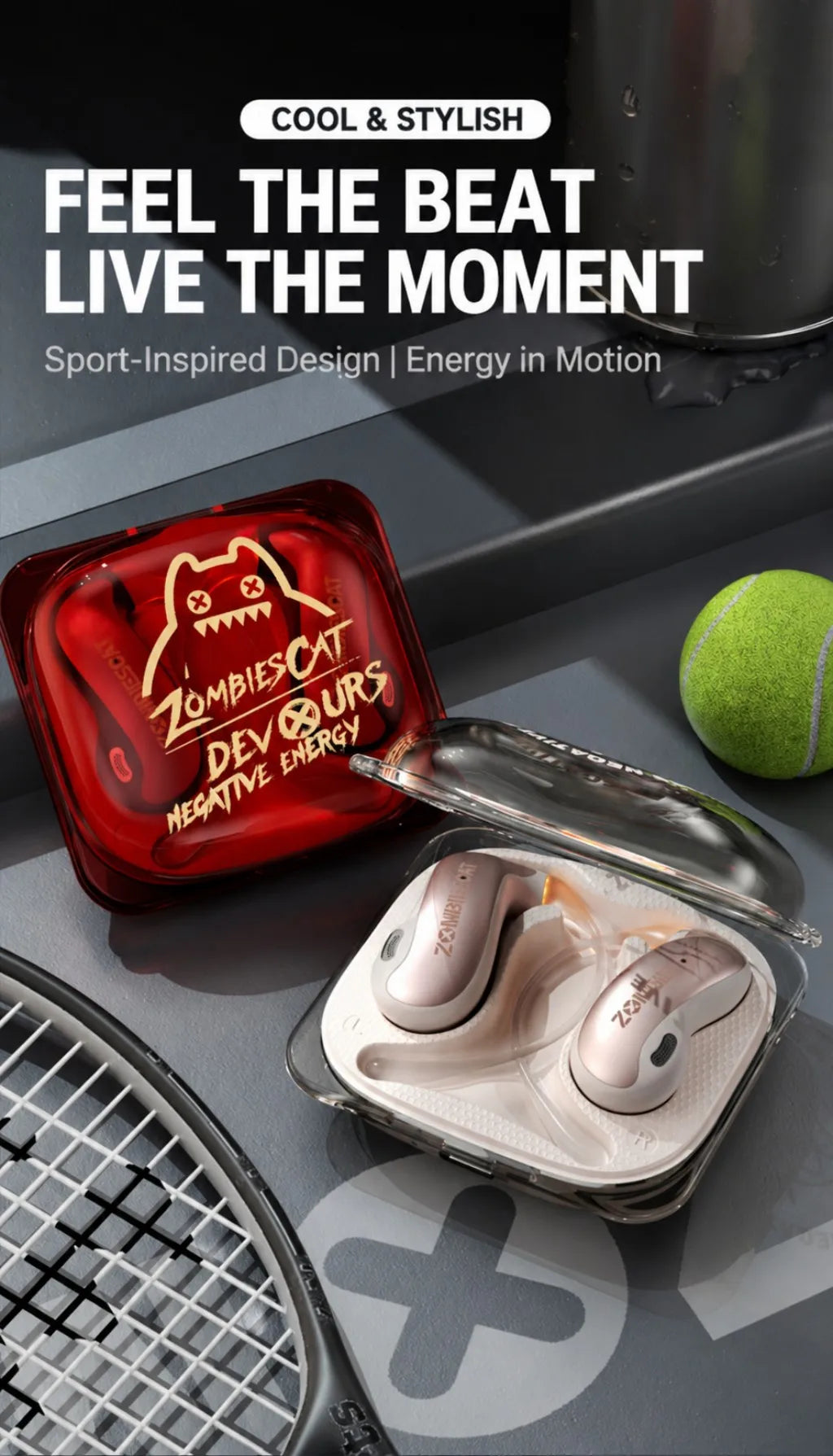 ZOMBIECAT B22 Open Ear Wireless Earbuds Bluetooth 6.0 14mm Driver Sport Headphones LED Light AI Translation for Running Cycling
