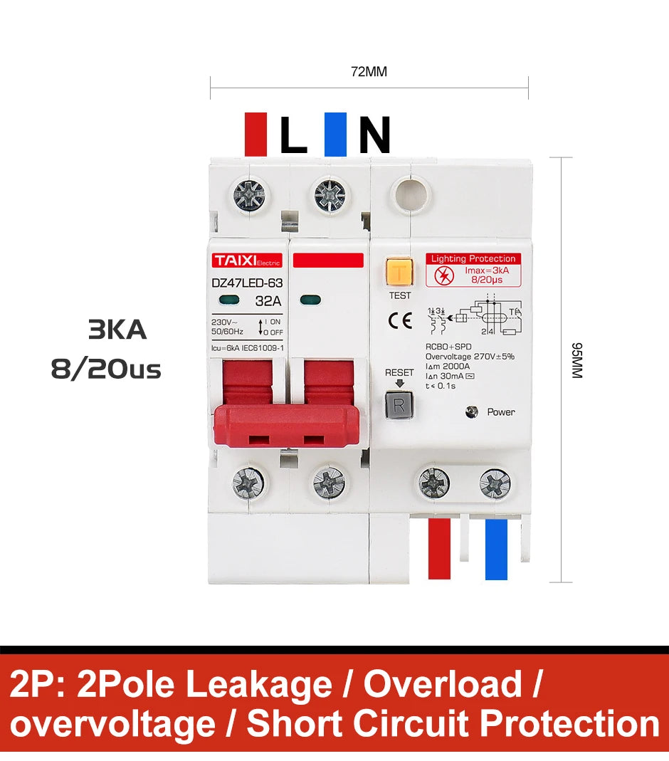 DZ47LED Residual current circuit breaker 220V 10A 16A 20A 40A 32A 63A with surge protector RCBO Lightning protection SPD