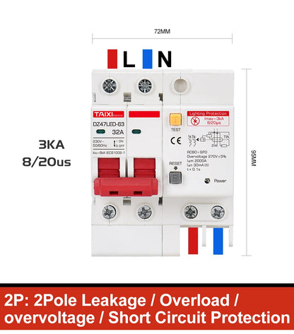 DZ47LED Residual current circuit breaker 220V 10A 16A 20A 40A 32A 63A with surge protector RCBO Lightning protection SPD
