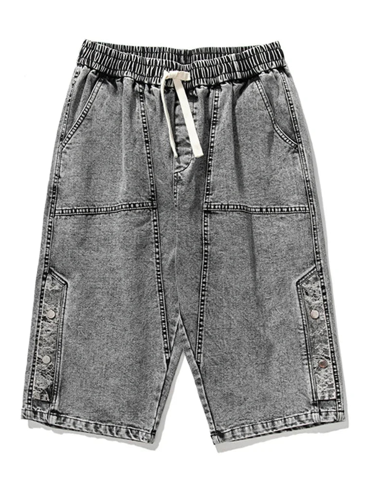 8XL Summer Men's Jeans Denim Breeches Calf-Length Casual Shorts Washed Cotton Drawstring Straight Capris Pants Big Size