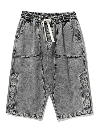 8XL Summer Men's Jeans Denim Breeches Calf-Length Casual Shorts Washed Cotton Drawstring Straight Capris Pants Big Size
