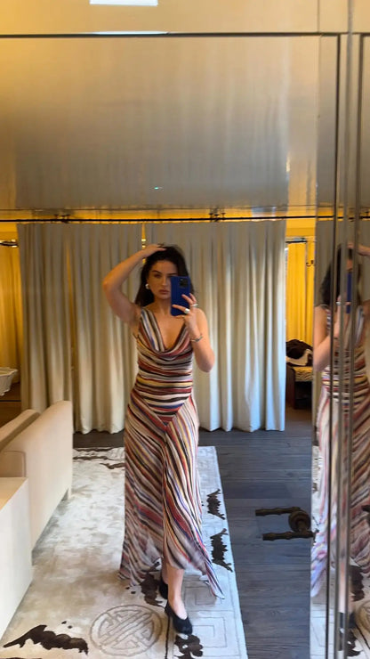 Summer Sleeveless Striped Spaghetti Strap Women Dress Irregular Tight Vacation Vestidos V-neck Fashion Long Skirt Loose  2026