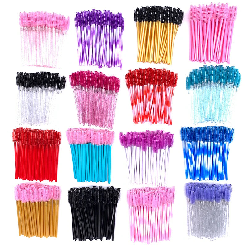 50 Pcs Shiny Crystal Eyelash Applicator Disposable Diamond Handle Nylon Two Colors Mascara Wands Spoolies Pink Brushes