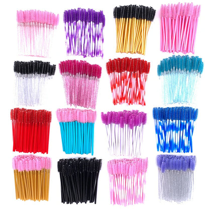 50 Pcs Shiny Crystal Eyelash Applicator Disposable Diamond Handle Nylon Two Colors Mascara Wands Spoolies Pink Brushes