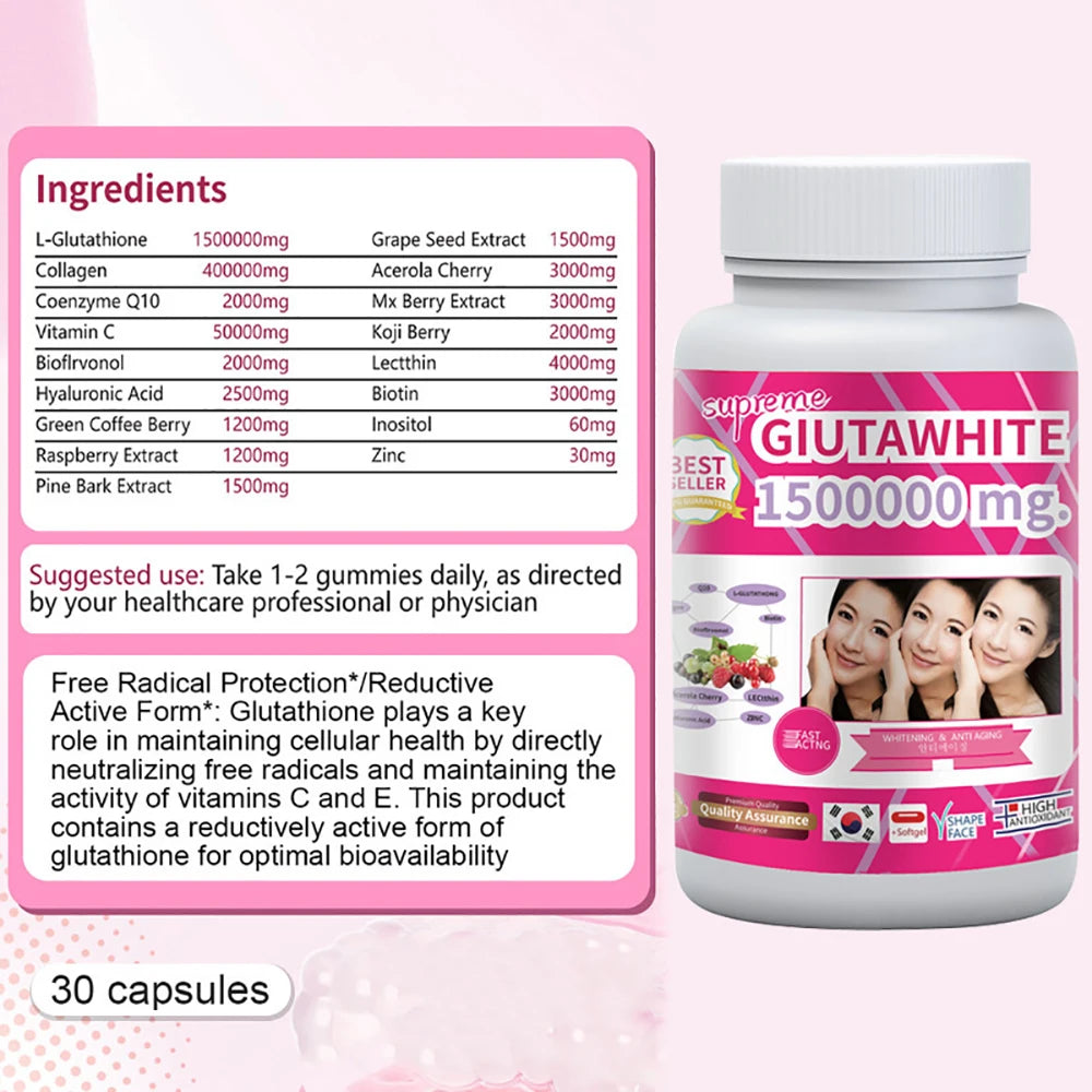Gluta White 1500000mg Skin Whitening & Antioxidant Detox Supplement for Women & Men, Aging Defense, Blood Balance, Immune Health