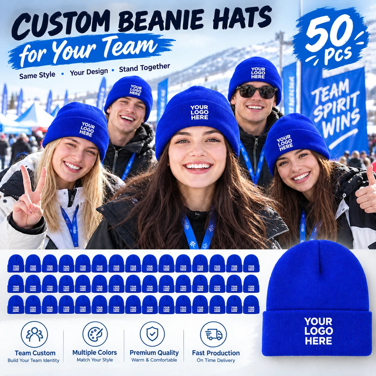 50 custom knit hats, can print personal or team logos, perfect for teams, companies, events, and group gifts