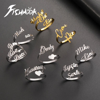 Custom Double First Name Finger Ring For Women Men Personalized Couple Wedding Gift Gold Color Stainless Steel Open Ring Jewelry
