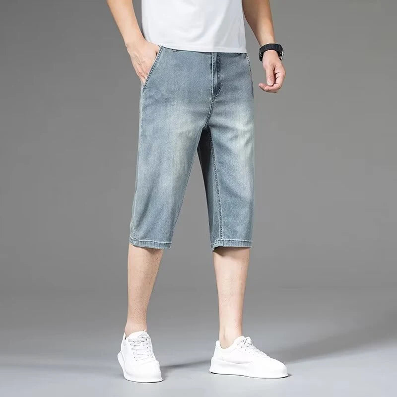 Summer Men High Quality Lightweight Capri Pants Male New Loose Straight Leg Denim Pants Daily Comfortable Versatile Jeans