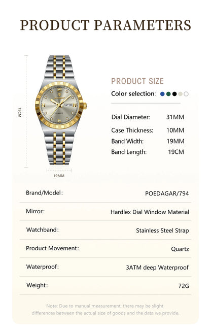 POEDAGAR Elegant Casual Ladies Watch Luminous Waterproof Week Date Fashion Woman Wristwatch Stainless Steel Women Quartz Watches