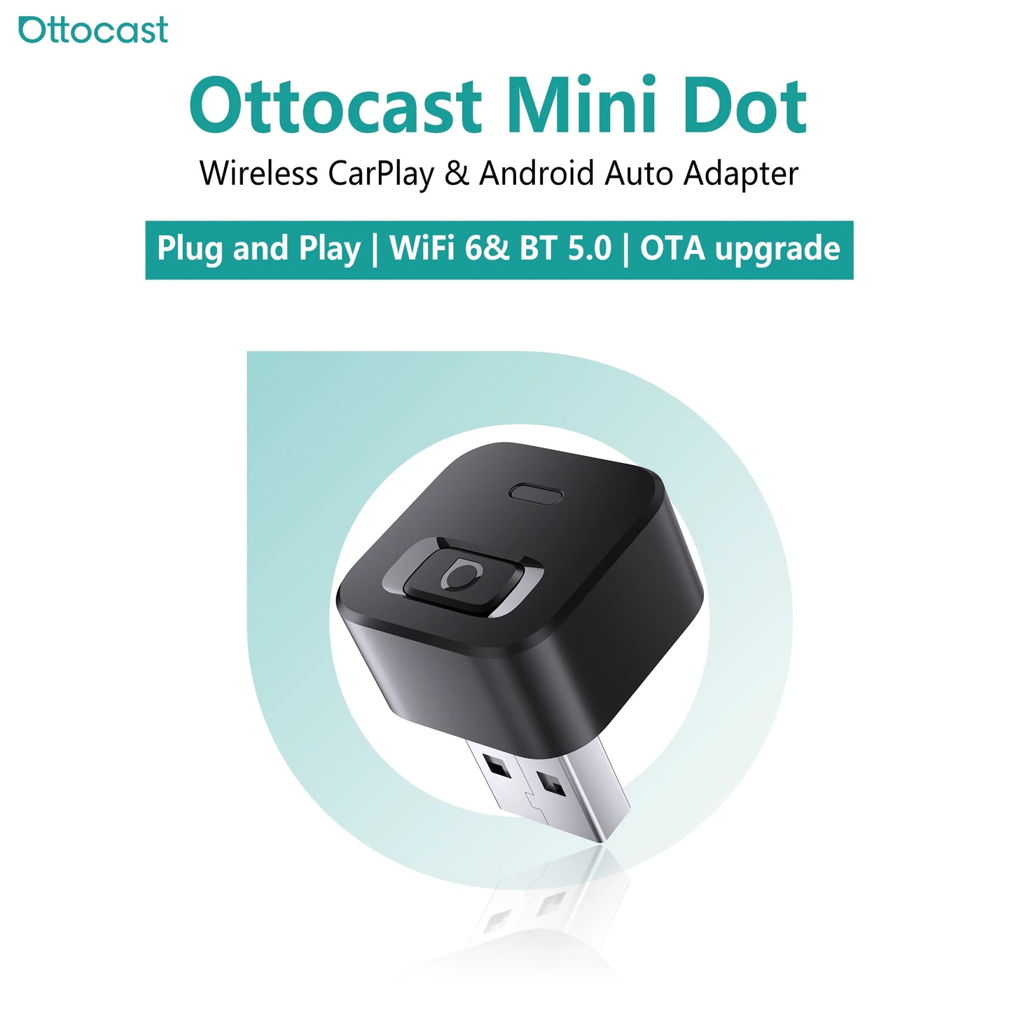 OTTOCAST Mini Dot Cube Wireless CarPlay Android Auto Adapter 2 in 1 USB AI Car Accessories for Totoya VW Benz Chevrolet Hyundai