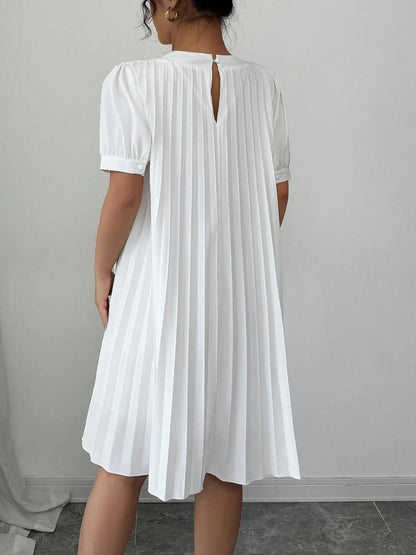Women's Pure-Color Pleated Puff Sleeve Midi Dress - Elegant Round Neck Loose A-Line Swing Dress for Office, Casual Daily Holiday