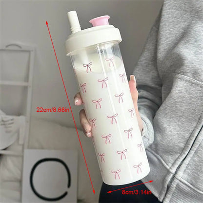 500/700Ml Pink Bow Water Cup With Straw Coffee Bubble Milk Tea Plastic Cup Large Capacity Students Water Bottle Straw Bottle