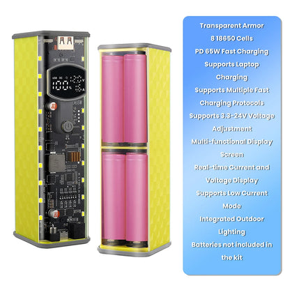 65W PD Fast Charge 8-Cell Solderless 18650 Power Bank Case 3.3-24V Adjustable DC DIY Battery Box LED Display Outdoor Light