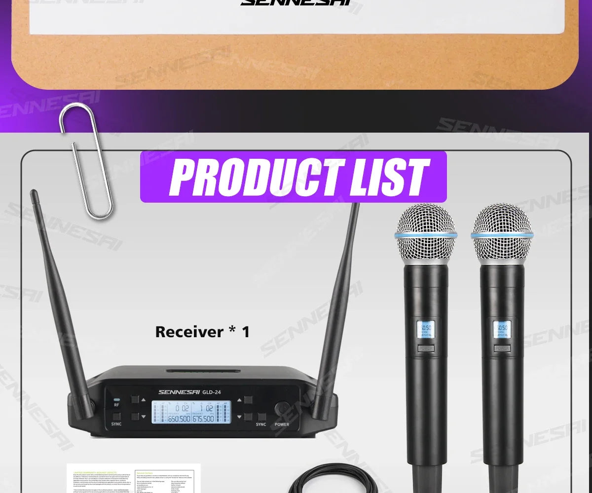 SENNESAI GLXD24 B58 Professional Dual Wireless Microphone 600-699MHz System Stage Performances UHF Dynamic 2 Channel Handheld