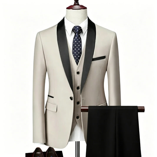 ( Jacket + Vest + Pants ) Men's 3 Piece Tuxedo Suit Set, Beige Blazer with Black Shawl Lapel for Wedding, Groom, Formal Party