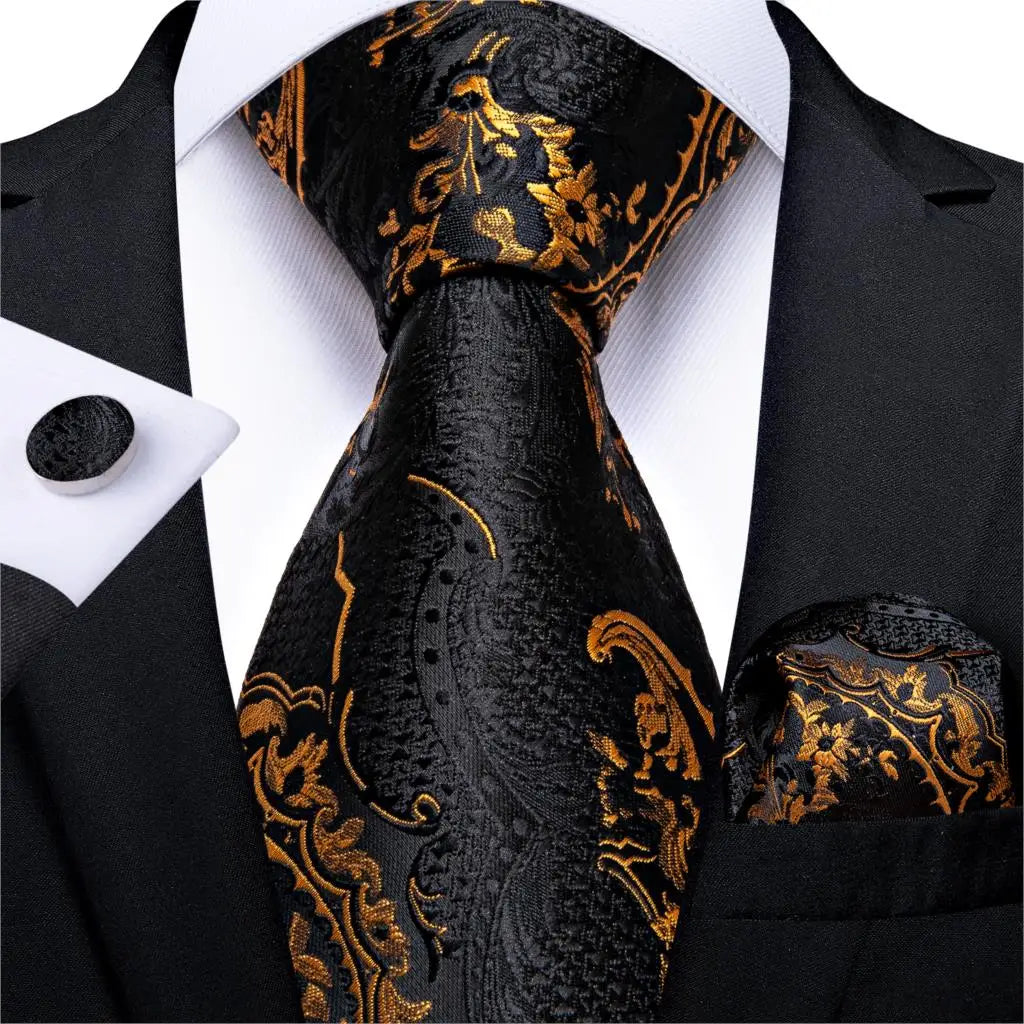 Fashion Men Tie Luxury Gold Black Dot Striped Paisley Silk Wedding Tie For Men DiBanGu Designer Hanky Cufflinks Gift Tie Set