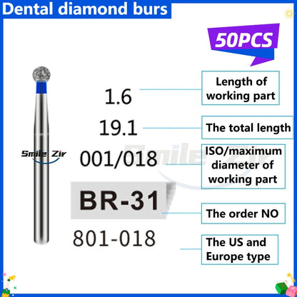 50Pcs Dental Dentist Diamond Burs Drill FG 1.6mm Bur for High Speed Handpiece FG Dental Bur Stomatology Dentistry Grinding Tools