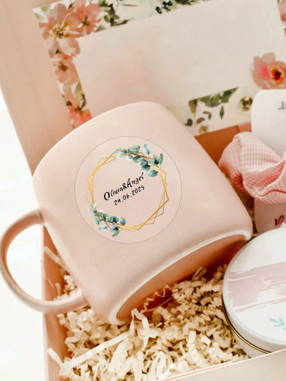 Clear Personalized Wedding Gift Stickers Circle Green Leaf Design Name Date Transparent PVC Waterproof