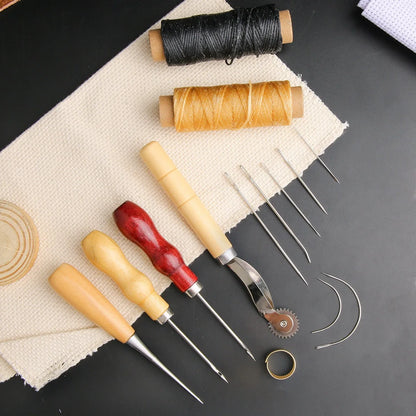 13 Pcs Leather Sewing Set Handbag Shoe Handmade Sewing Repair Kit with Awl Waxed Thread Stitching Needles Thimble for Home Leat