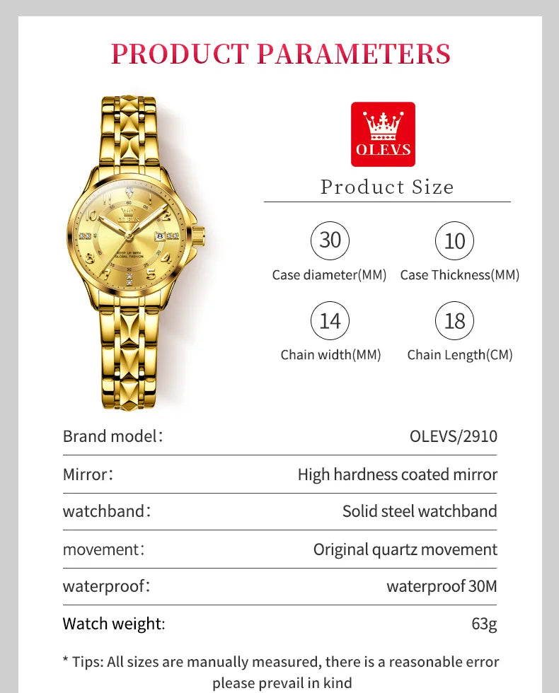 OLEVS 2910 Original Quartz Watches for Women Rhombus Steel Strap Waterproof Luminous Calendar Elegant Luxury Ladies Wristwatches