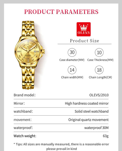 OLEVS 2910 Original Quartz Watches for Women Rhombus Steel Strap Waterproof Luminous Calendar Elegant Luxury Ladies Wristwatches