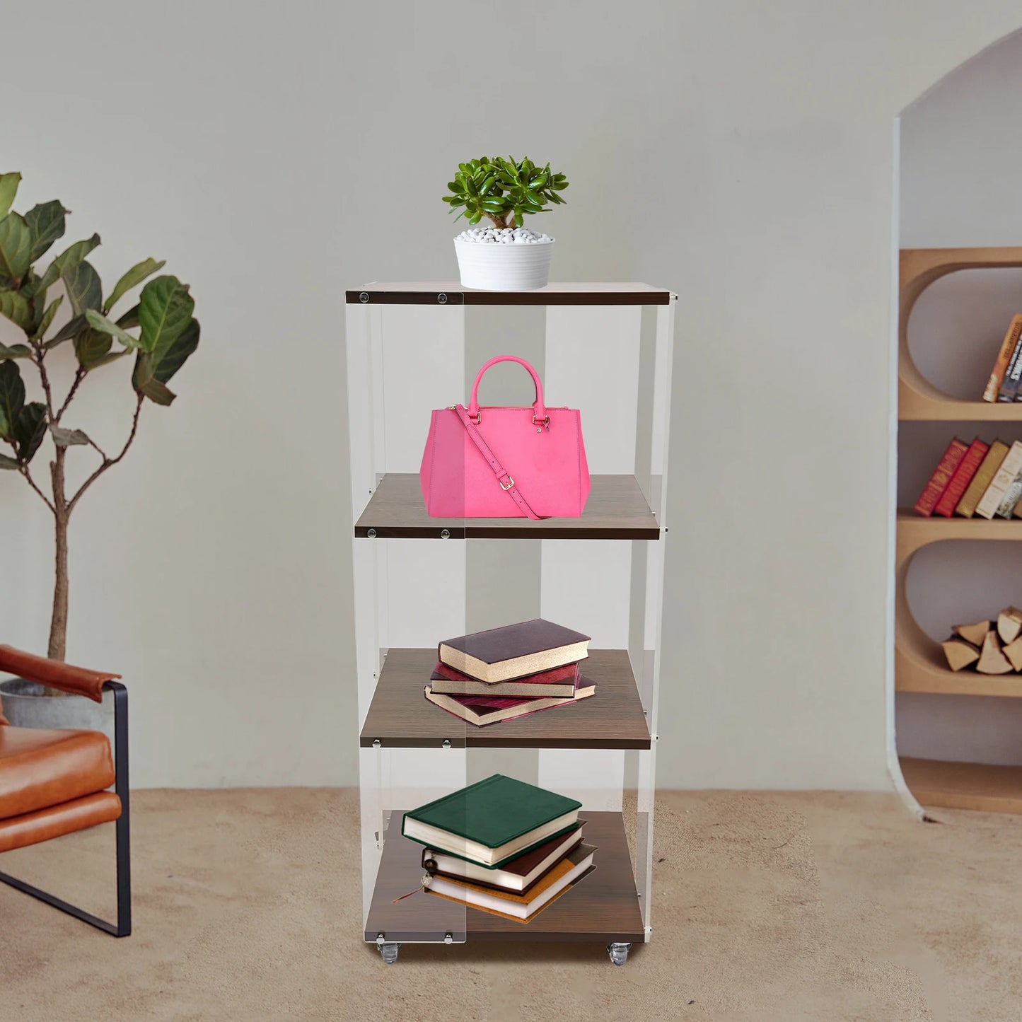 3-layer Rotating Acrylic Bookshelf with Wheels,Standing Small Corner Bookcase for Home Study Office